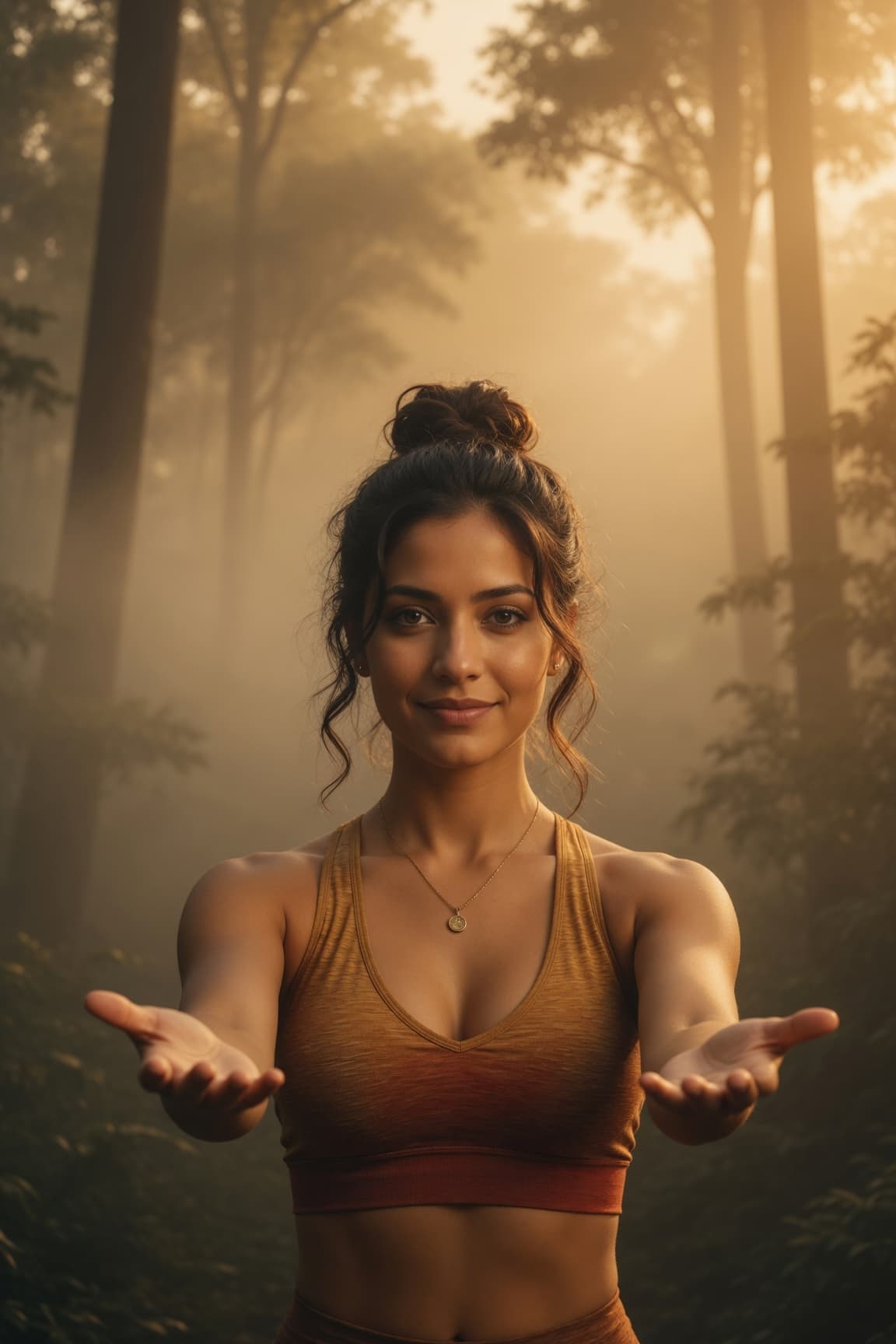 Yuna mỉm cười trong ánh sáng ấm của khu rừng