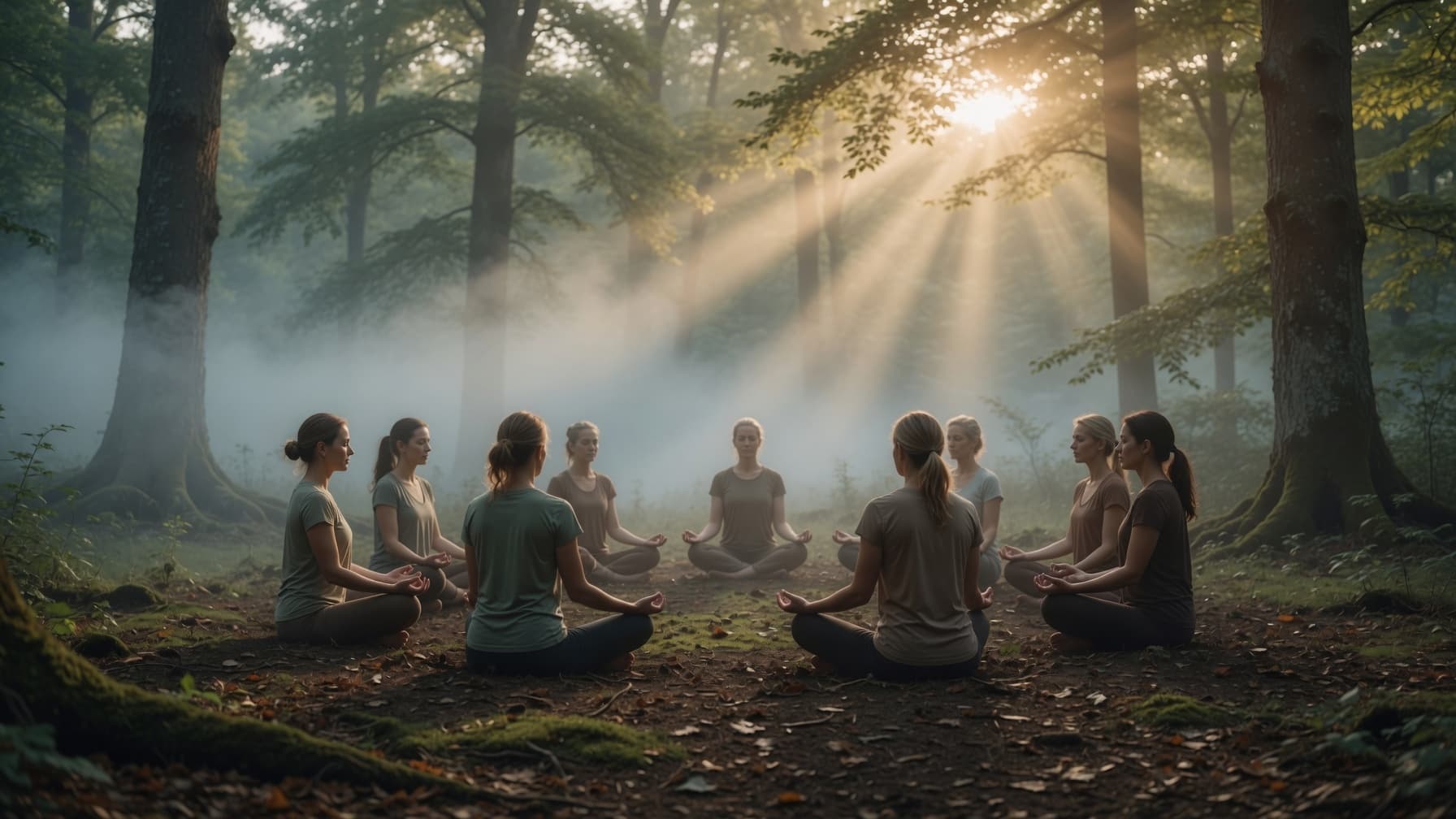 Một nhóm nhỏ thực hành yoga bên dưới những tán cây trong rừng