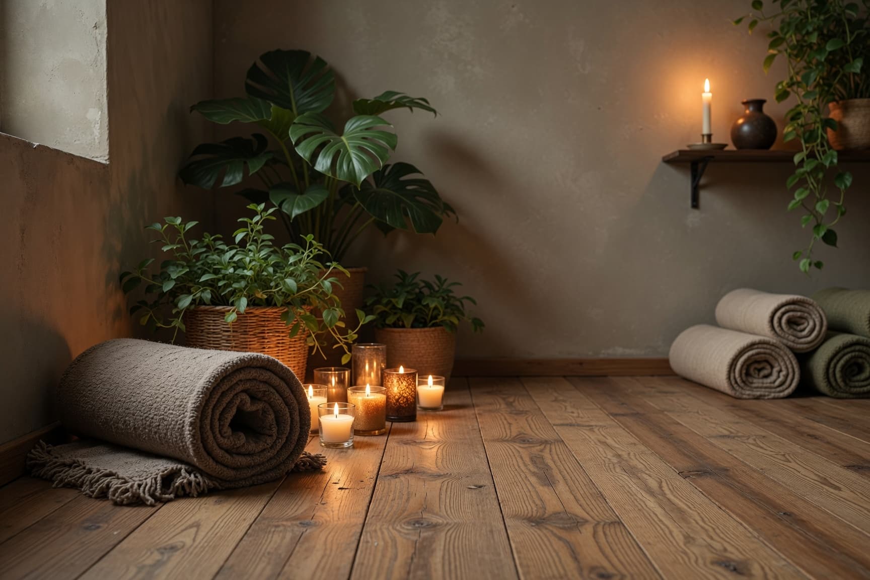 Gối tập, chăn và nến được chuẩn bị trong một căn phòng yoga tự nhiên
